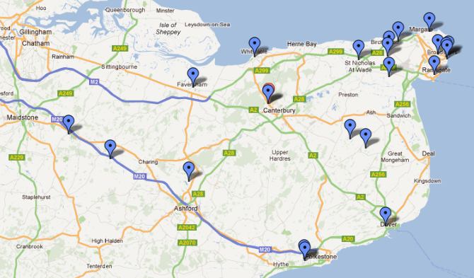 Map with Kent wedding venues